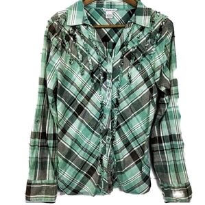 Overdrive Womens Western Plaid Button Up Shirt Size‎ Large Green Distressed